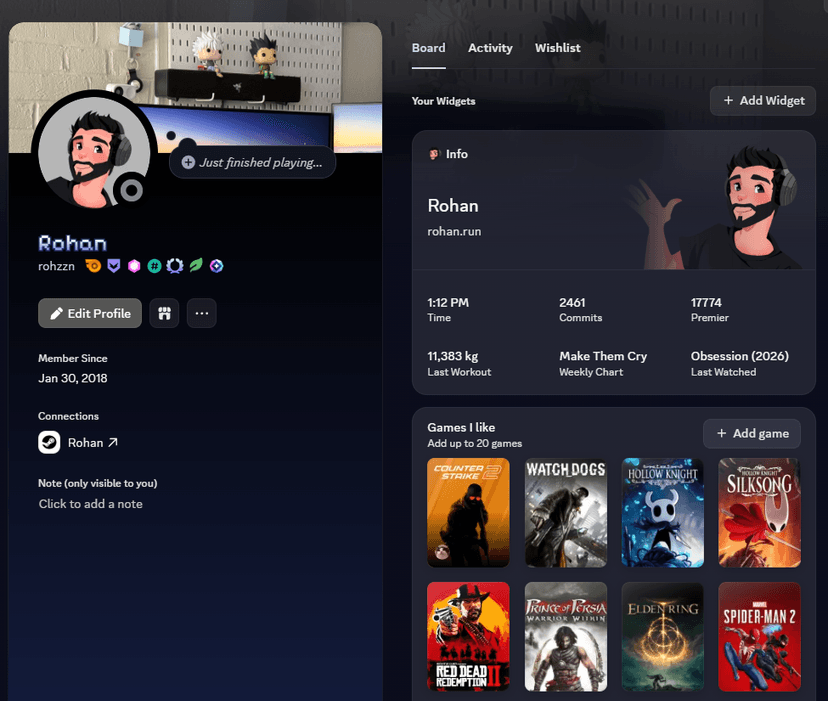 Discord profile with a live widget displayed