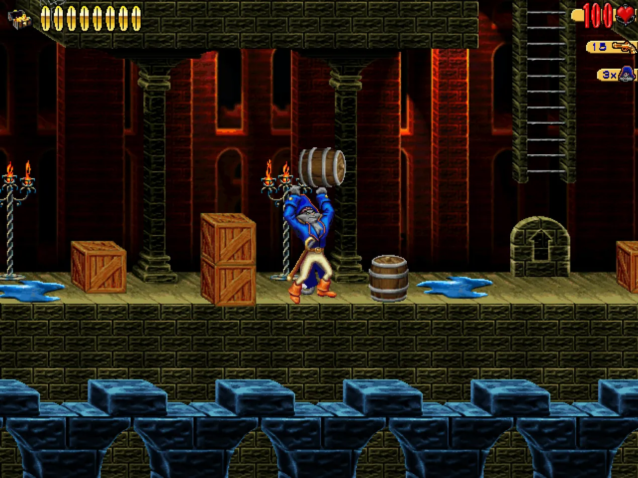 Claw holding a barrel over his head in a castle corridor