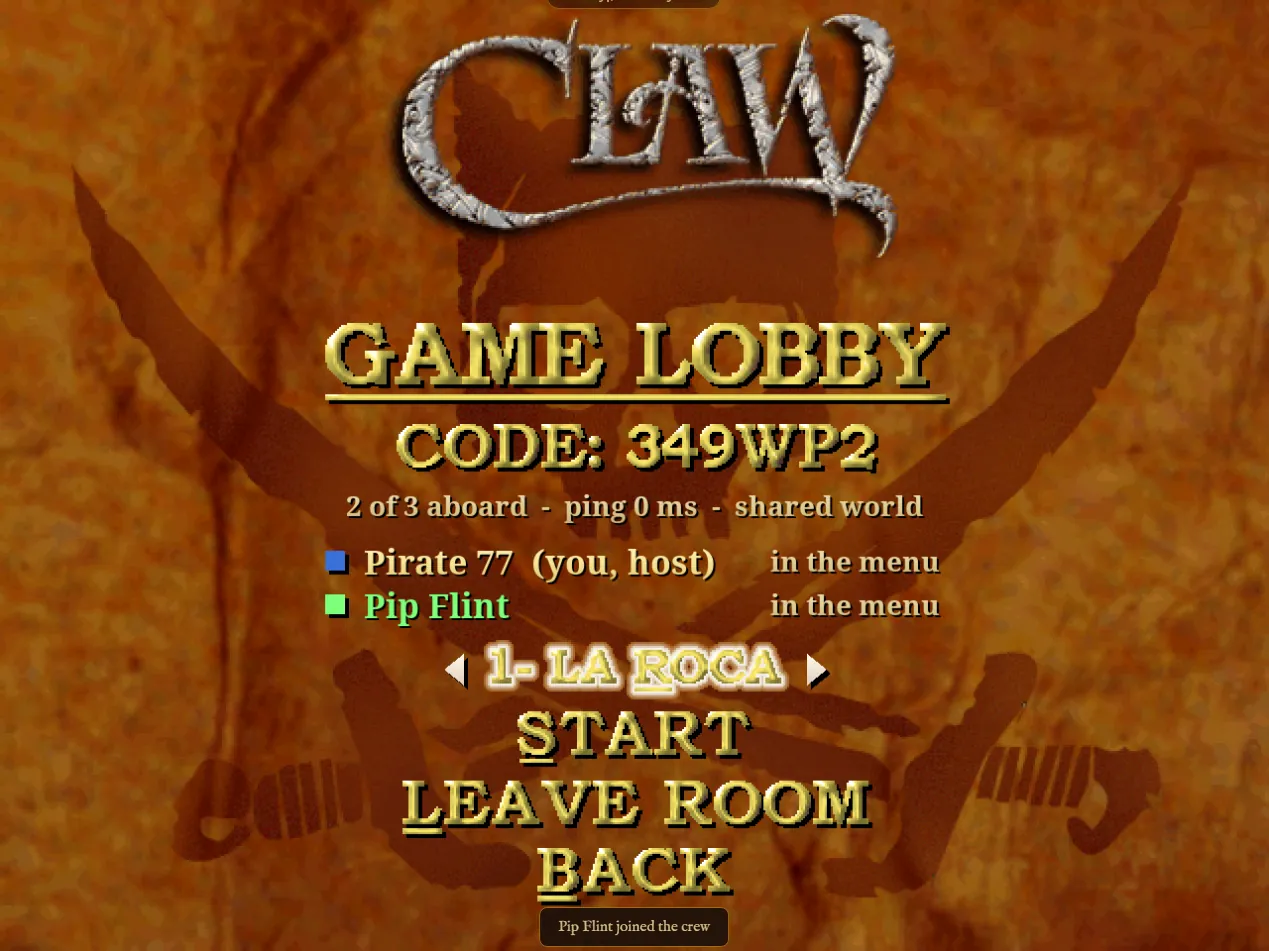 The in-game lobby: a room code, two players aboard, the level picker and Start