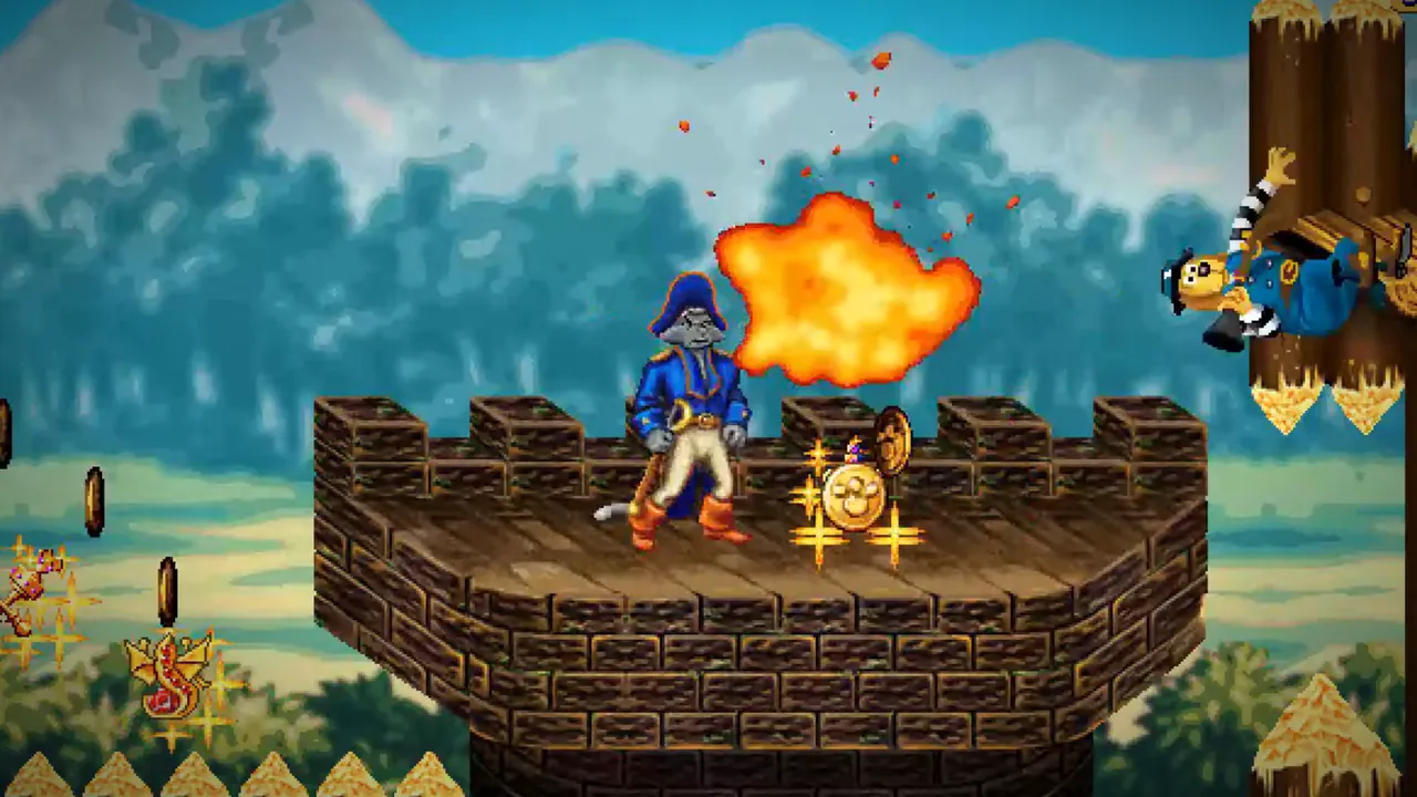 A thrown powder keg explodes on a stone battlement